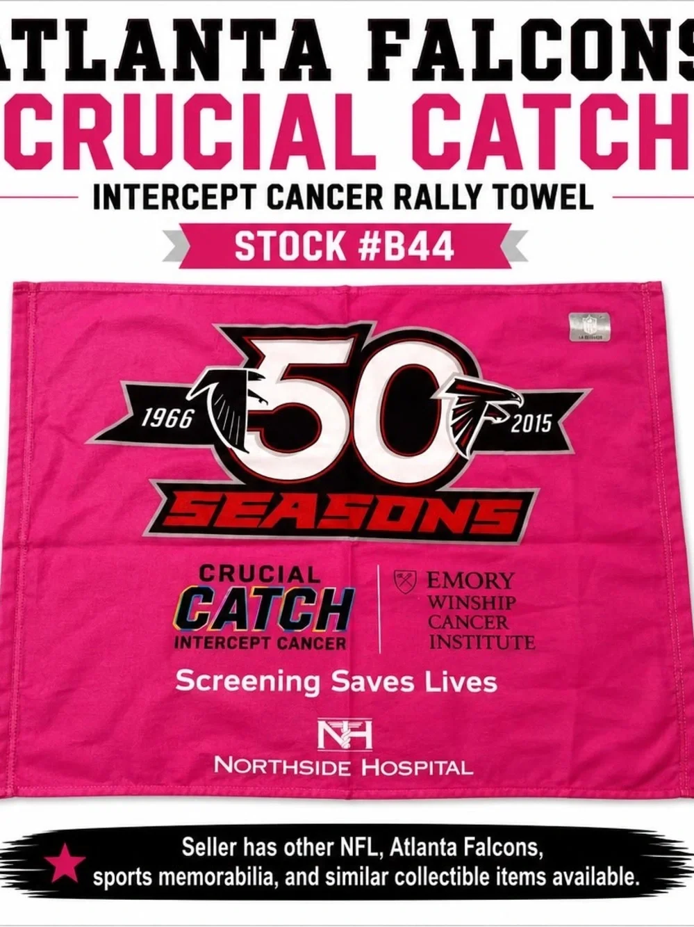 Atlanta Falcons Crucial Catch Rally Towel 50th Anniversary Northside Hospit #B44